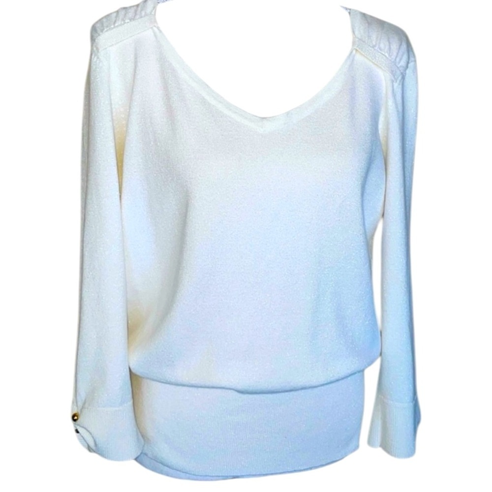 Shimmer White Sweater French Cuff Sleeves Wide Waist Metallic Thread XL